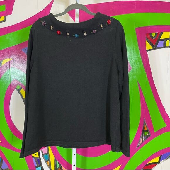 CJ Banks, Ramie Knit Cowl Neck Sweater, Flower details on the neckline. Size 1X - Picture 6 of 6